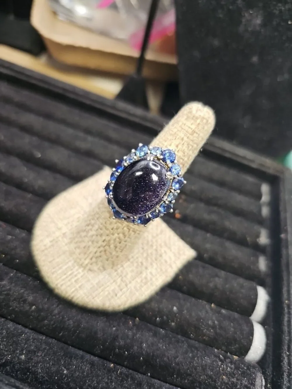 Ring Size 6.5  Silverblue Sandstone blue Cubic Zirconia Halo Style Halo Style